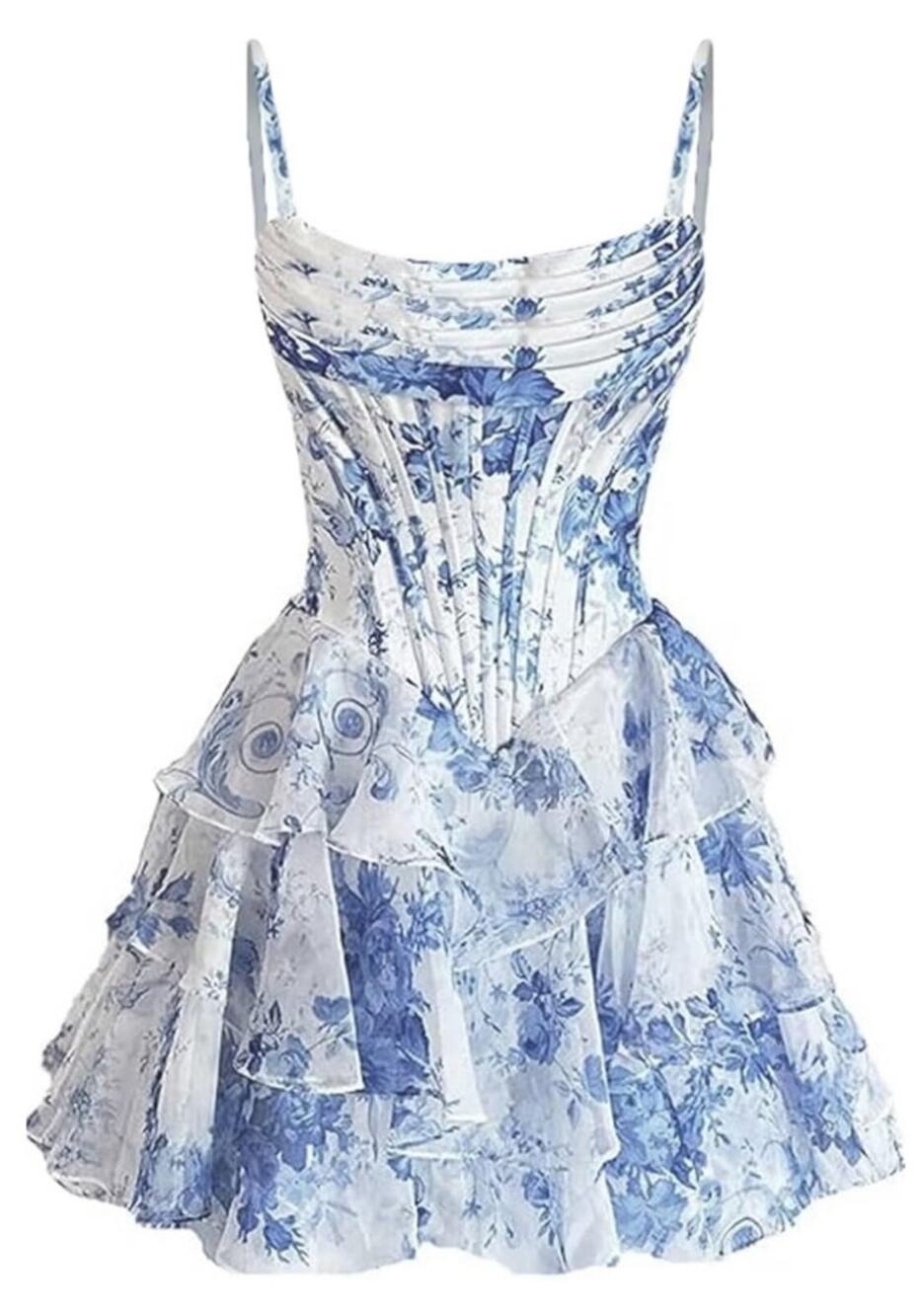 Floral Blue Fairy Tiered Ruffle pleated mini dress Size 12 Party cocktail SZ 12
